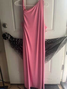 Eloquii assymetrical twisted shoulder double layered stretch Maxi goddess dress